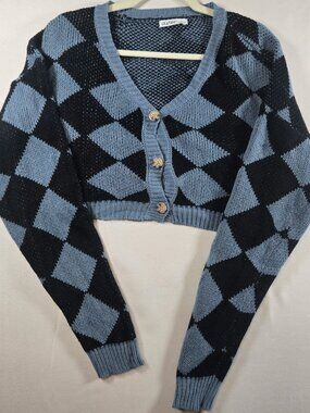 Aster Womens L Cropped Argyle Cardigan Sweater Blue Black Button Front Y2K